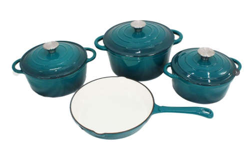 7 Piece Cast Iron Cookware Pot Set - Teal (READ THE DESCRIPTION)