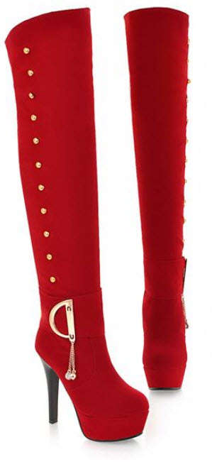422s194 Lady's fashion Knee-high Boots w golden metalic accessaries, Size 34-43, red
