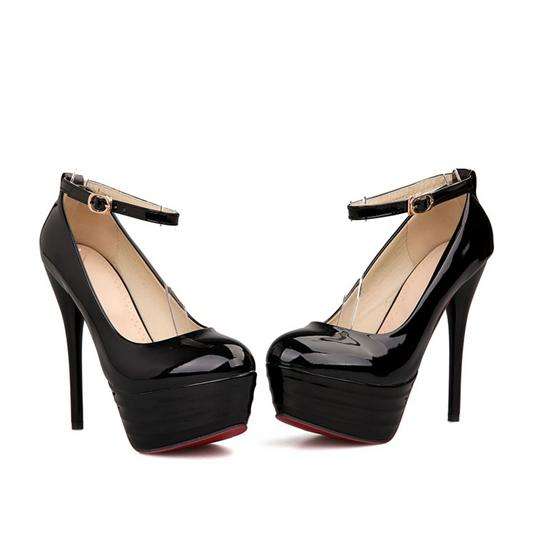 382s039 Super small/large high heel pumps pearl patent leather, hasp, size 32-44, black