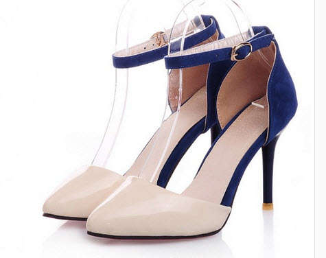 484s157 Elegant high-heeled ankle pumps, spell color, PU & Patent leather  ,Size 34-39, blue/beige