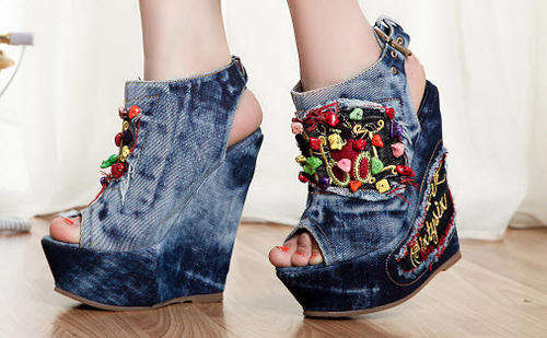 482s219 Thick wedge Jean sandals with flowers, size 34-40, blue