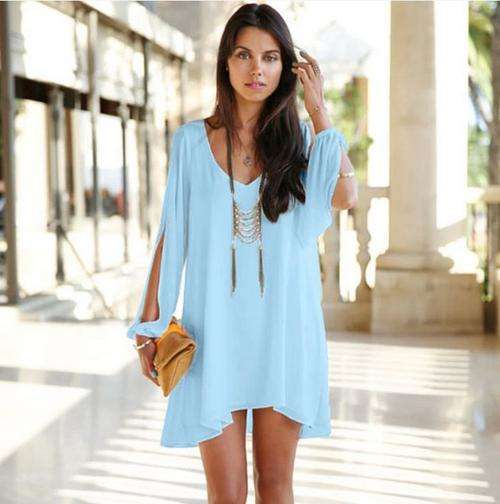 591f203 Sexy elegant chiffon a-dress w open sleeve, size L, sky blue