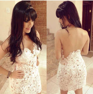 1003 Sexy elegant floral lace & mesh blouse/dress, size L, white