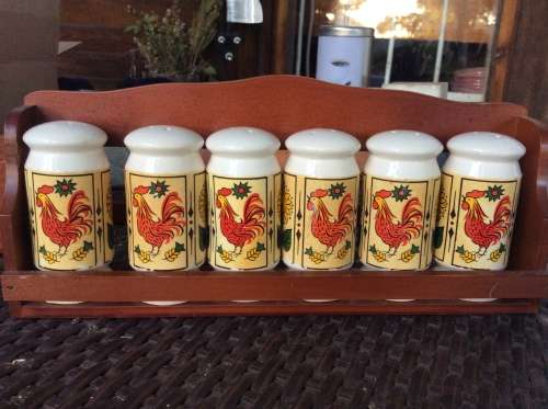 Vintage Rooster Set of 6 Spice Jars, Japan