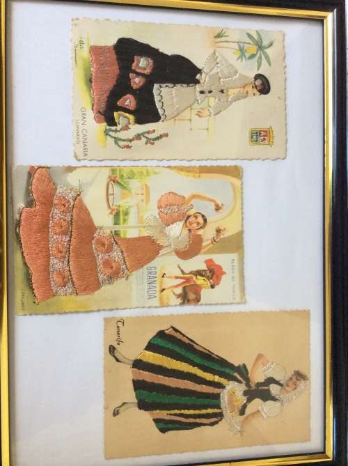 Set of 3 Vintage Hand Embroidered Postcards in Frame from Spain