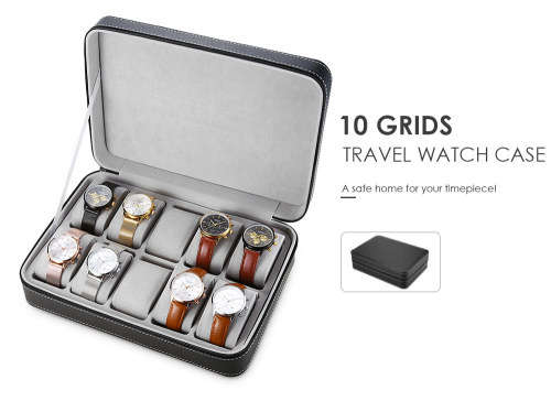 Watch Leather Case 12 Slots Zippered Watch Traveler's Box Black Watch Storage Case Organizer