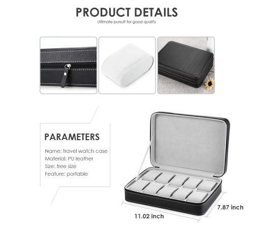 Watch Leather Case 12 Slots Zippered Watch Traveler's Box Black Watch Storage Case Organizer
