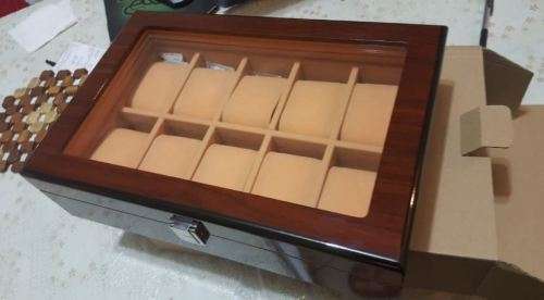 WATCH BOX 10 SLOT SOLID BROWN WOOD