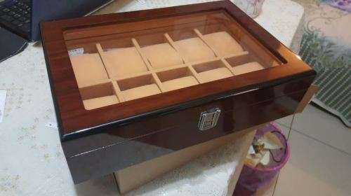 WATCH BOX 10 SLOT SOLID BROWN WOOD