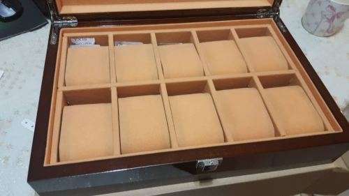 WATCH BOX 10 SLOT SOLID BROWN WOOD