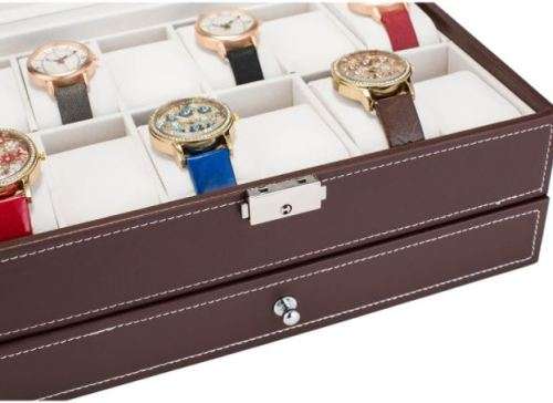 12 Slot PU Leather Watch Storage Boxes, 2-Tier Organizer Watch Showcase with Glass Lid