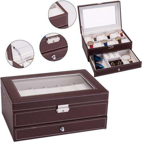 12 Slot PU Leather Watch Storage Boxes, 2-Tier Organizer Watch Showcase with Glass Lid