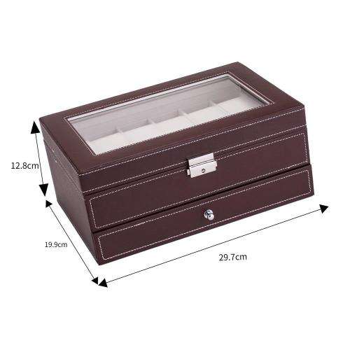 12 Slot PU Leather Watch Storage Boxes, 2-Tier Organizer Watch Showcase with Glass Lid