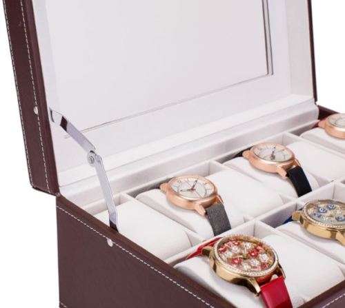 12 Slot PU Leather Watch Storage Boxes, 2-Tier Organizer Watch Showcase with Glass Lid