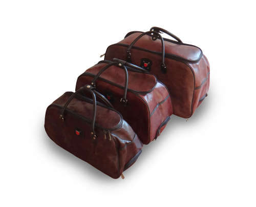 Set of 3 High Quality Duffle Luggage Bags with Roller Wheels - Brown
