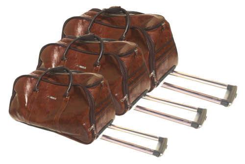 Set of 3 Quality Duffle Luggage Bags with Roller Wheels - Brown