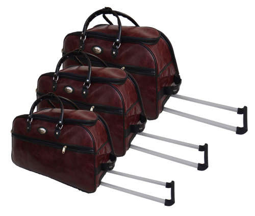 Set of 3 Quality Duffle Luggage Bags with Roller Wheels - Brown
