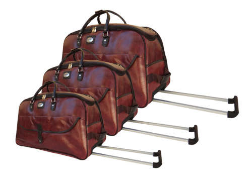 Set of 3 Quality Duffle Luggage Bags with Roller Wheels - Brown