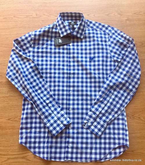 Original Mens POLO Long Sleeve 100% Cotton Check Shirt Blue/White - Double Pony - Size Large