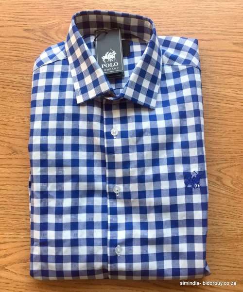 Original Mens POLO Long Sleeve 100% Cotton Check Shirt Blue/White - Double Pony - Size Large