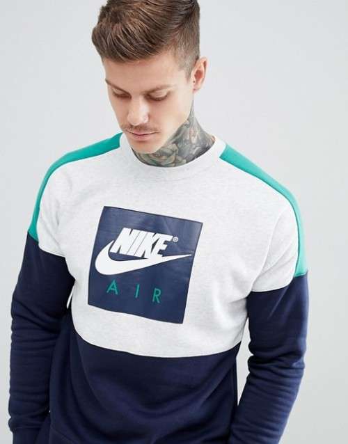 Original Mens NIKE NSW CREW AIR FLEECE GREY BLUE GREEN 886050 052 Size XX Large
