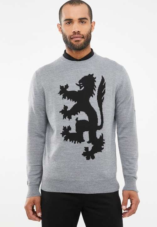 Original Mens PRINGLE Leon Lion Round Neck knit Grey Size Large