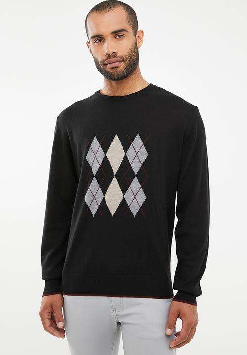Original Mens PRINGLE Archie Argyle Round Neck knit Black Tailor Fit Size Extra Large