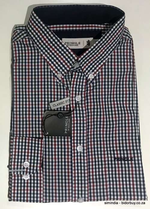 Original Mens PRINGLE Lorne Long Sleeves Classic Fit Check Navy/Red Size Extra Large