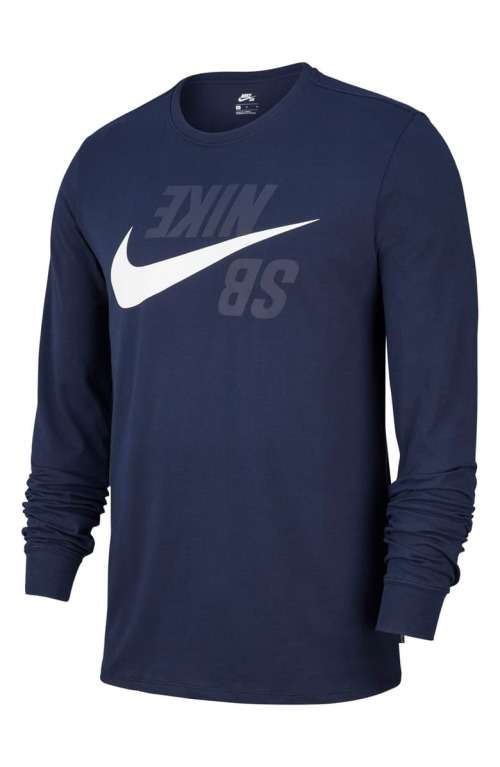 Original Mens NIKE SB Backwards Navy Blue Long Sleeve T-Shirt CI7572 451 Size Medium