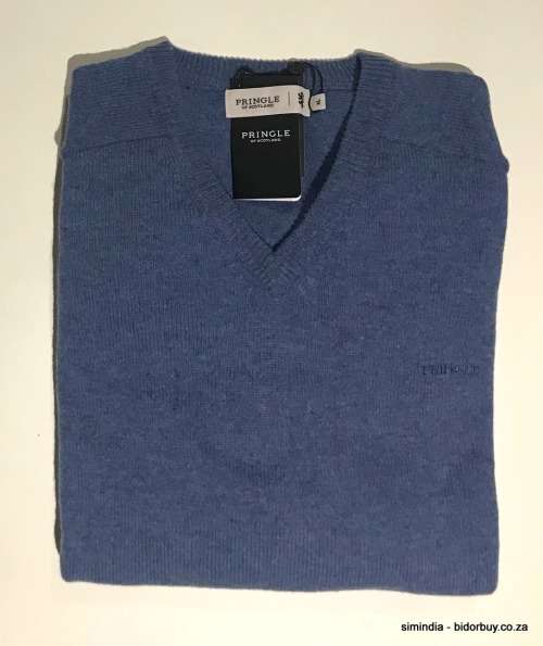 Original Mens PRINGLE Superfine Merino Lambswool James V Neck Jumper Blue Melange Size XL