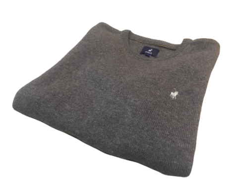 Original Mens POLO Long Sleeves Round Neck 100% Lambswool Fawn Brown/Stone Size Large