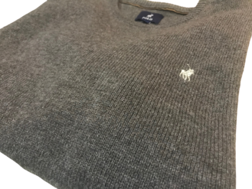 Original Mens POLO Long Sleeves Round Neck 100% Lambswool Fawn Brown/Stone Size Large