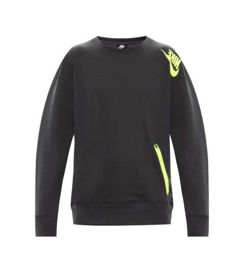 Original Mens Nike Sportswear French Terry Crew Dark Smoke Grey/Volt CT9762 070 Size Medium