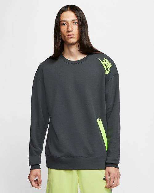 Original Mens Nike Sportswear French Terry Crew Dark Smoke Grey/Volt CT9762 070 Size Medium