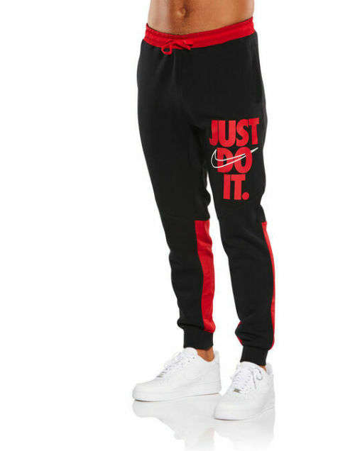 Original NIKE Mens Just Do It Sweat Pants Joggers Black/ Red CJ4556 011 Size Large