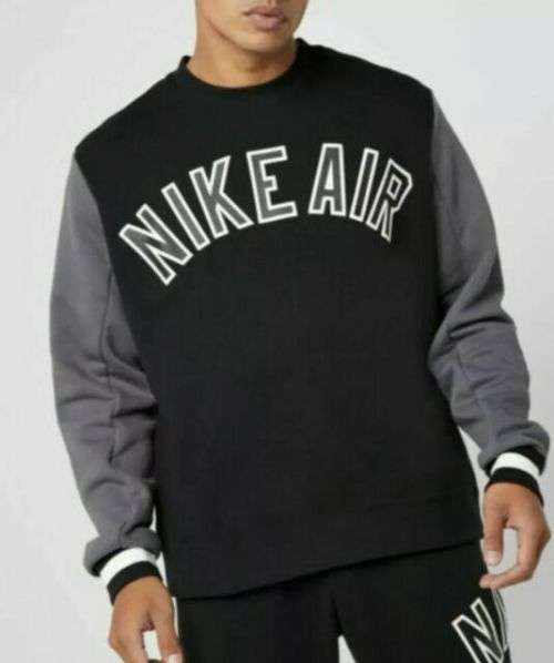 NIKE AIR Men's Fleece Crewneck Warm Sweatshirt (LOOSE FIT) Black /Grey CN9123 010 Size Medium