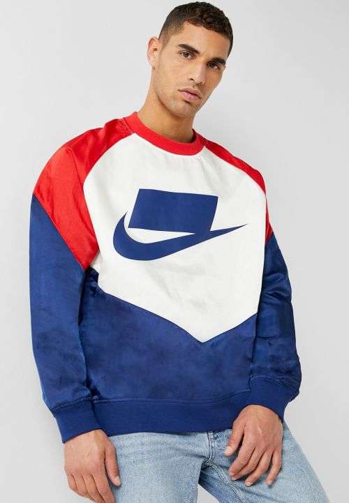 Nike Men's Sportswear Block Futura Crew Sweat Woven Shirt AR1642 492 (Loose Fit) Size Medium