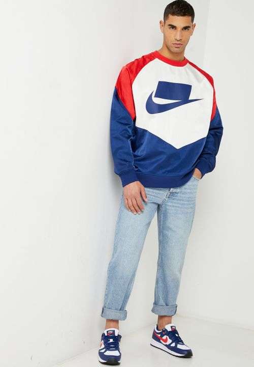 Nike Men's Sportswear Block Futura Crew Sweat Woven Shirt AR1642 492 (Loose Fit) Size Medium