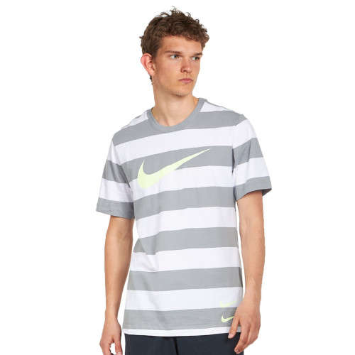 NIKE Men's Sportswear Swoosh Striped Tee Shirt Particle Grey/White (STD FIT) CQ5196 073 Size Medium