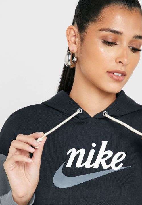 Nike Women's Sportswear Varsity Pullover Hoodie Black/Grey (LOOSE FIT) CJ4072 010 Size Medium