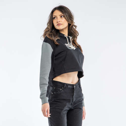 Nike Women's Sportswear Varsity Pullover Hoodie Black/Grey (LOOSE FIT) CJ4072 010 Size Medium