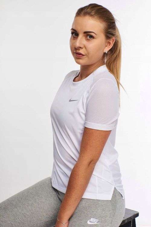 NIKE Women`s Short Sleeve DRI-FIT Miler Crew Running Top White AT4196 100 Size Medium