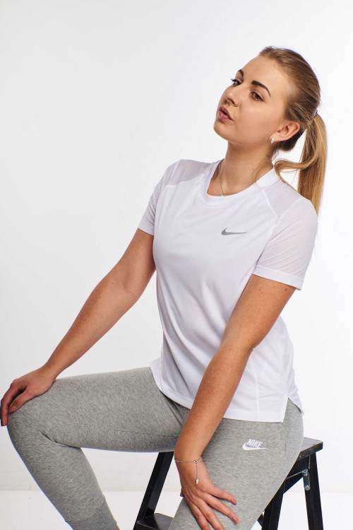 NIKE Women`s Short Sleeve DRI-FIT Miler Crew Running Top White AT4196 100 Size Medium