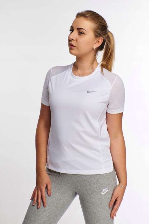 NIKE Women`s Short Sleeve DRI-FIT Miler Crew Running Top White AT4196 100 Size Medium