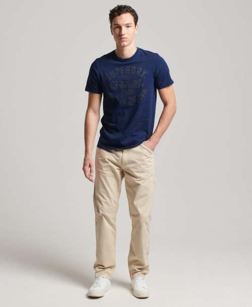 Superdry Men`s Script Style Workwear Tee (Slim Fit) Indigo Rinse Wash Size XL