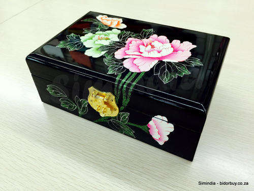 Hand-painted Chinese Maiden Black Wood Jewelry Box