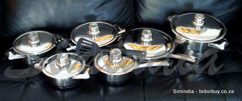 15 PIECES STAINLESS STEEL, HEAVY BOTTOM COOKWARE SET WITH THERMOMETER STAINLESS LID.