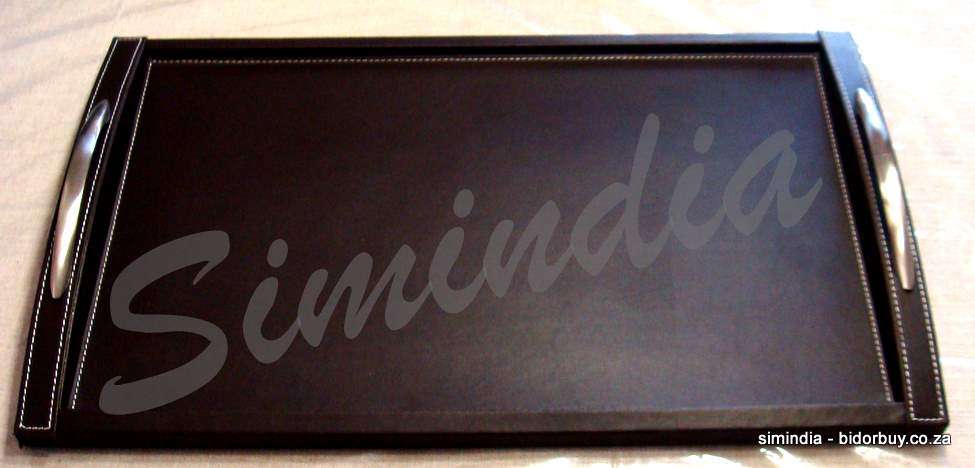 Stunning faux leather serving tray with steel handles