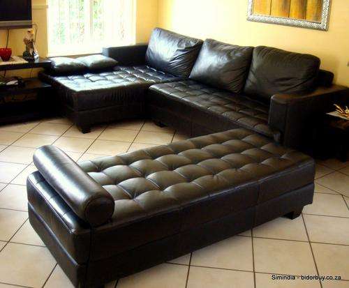 Pure Leather L Shape Corner  Couches Matt Black  with Ottoman in Excellent Condition