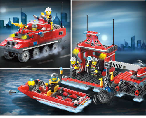 Fire Rescue Fire Boat Crane Truck Fireman Assemble Model Building Blocks Minifigures Kids